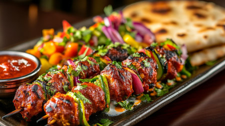 An inviting display of grilled skewers paired with fresh vegetables and flatbread, perfect for a delightful meal. The vibrant colors and rich textures enhance any dining experience.の素材