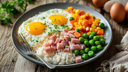 A beautiful breakfast plate featuring fried eggs, rice, ham, and vibrant vegetables. Perfect for a healthy start to the day, this meal is visually appealing and nutritious.の素材
