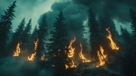 A captivating yet alarming scene of a forest fire raging among tall trees, showcasing flames and thick smoke against a darkened sky.の素材