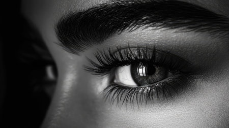 An artistic shot of beautifully groomed eyebrows with a subtle arch, framed by long, luscious eyelashes, creating an elegant and captivating gazeの素材