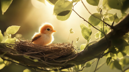An adorable image of a baby bird in the nest, fluffed up and ready to explore the world, with the gentle warmth of sunlight streaming through the leavesの素材