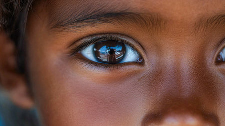 An expressive image of a child's eye filled with wonder and curiosity, capturing the innocence and joy of youth against a soft, blurred backgroundの素材