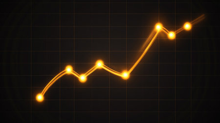 Abstract financial line graph with glowing points marking highs and lows on a dark grid background, capturing business trend dataの素材