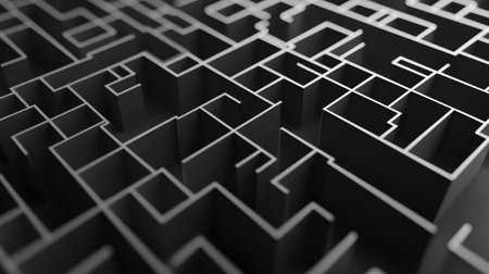 An abstract maze of white lines on a black background, forming intricate geometric shapes and creating a sense of depthの素材