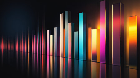 A D bar chart with tall bars in sleek metallic colors on a dark background, casting subtle reflections, symbolizing business growth metricsの素材