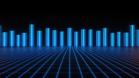 A bar graph with vibrant blue bars against a dark grid background, each bar casting a faint glow to emphasize individual data pointsの素材