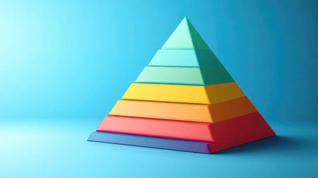 A D pyramid chart with smooth gradients, each level representing business strategy steps, displayed against a minimalist backgroundの素材