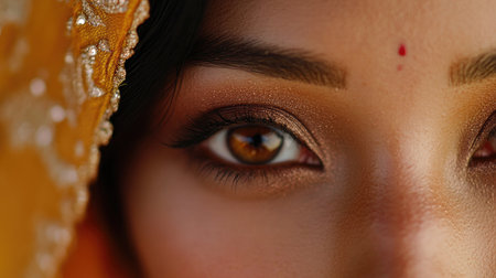 A macro shot showcasing intricate details of finely threaded eyebrows, with soft makeup applied to enhance the eyes and overall facial featuresの素材