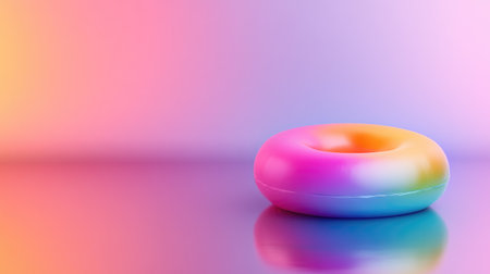 A modern doughnut chart in vibrant gradient colors, floating over a reflective surface, each section highlighted for clarityの素材