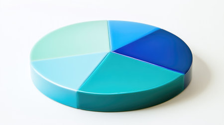 A modern pie chart in gradient blues and greens on a white surface, each segment slightly separated, representing market share distributionの素材