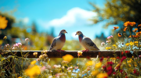A picturesque view of a pair of doves sitting atop a rustic fence, framed by a field of tall grass and wildflowers under a clear blue skyの素材
