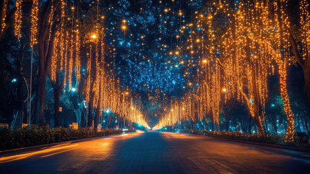 A stunning view of a tree-lined boulevard adorned with fairy lights, creating a magical ambiance against a backdrop of a deep blue night skyの素材