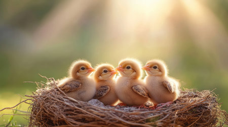 A striking photo of a nest with baby birds stretching their tiny wings under a gentle sunbeam, highlighting their growth and vitality in a vibrant settingの素材