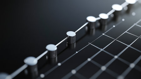 A smooth line graph in metallic silver, with ascending and descending lines on a black background, representing data progressの素材