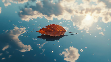 A tranquil scene of a leaf floating on water, with droplets reflecting the sky above, creating a calm and serene visual that invites contemplationの素材