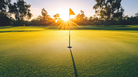 A tranquil image of a golf green at sunset, with the sun casting golden rays over the flagstick and soft shadows playing across the manicured grassの素材
