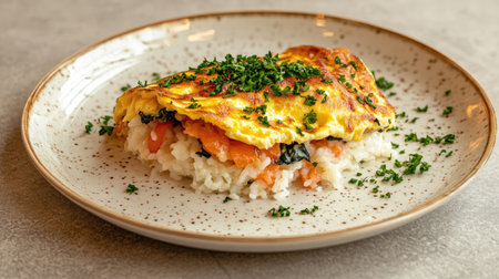 A thick, buttery omelet topping a bed of rice, presented on a light-colored plate with sprigs of parsley, creating a clean and elegant lookの素材