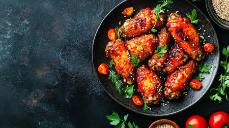 A tempting platter of crispy barbecue chicken wings garnished with fresh parsley and cherry tomatoes, showcasing a delicious and savory dish perfect for any occasion.の素材