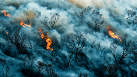 This image captures an intense wildfire engulfing a forested area. Flames leap from the trees, surrounded by thick smoke, portraying a dramatic natural disaster scenario.の素材