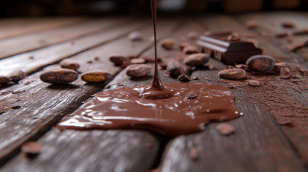 A vibrant scene showcasing rich dark chocolate oozing onto a weathered wooden surface. Surrounding cocoa beans enhance the rustic charm, perfect for culinary inspirations.の素材