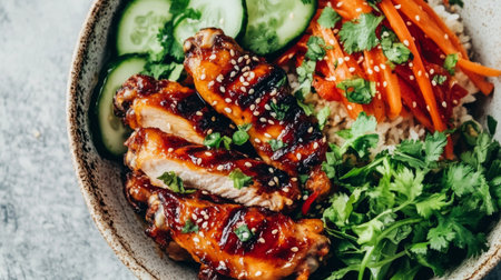 A vibrant bowl of grilled chicken wings accompanied by fresh vegetables, rice, and a sprinkle of herbs. Perfect for a healthy meal or snack.の素材