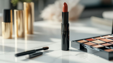 Discover a beautifully arranged makeup setup featuring a vibrant lipstick, essential brushes, and an eyeshadow palette on a stylish surface.の素材