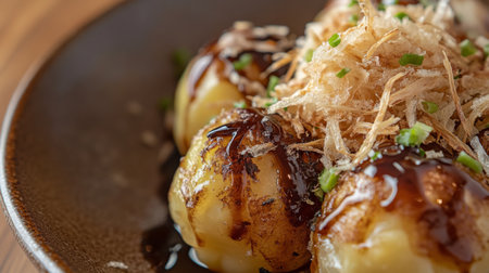 Indulge in these beautifully presented takoyaki balls topped with bonito flakes and sauce. Perfect for food lovers seeking authentic Japanese street food.の素材