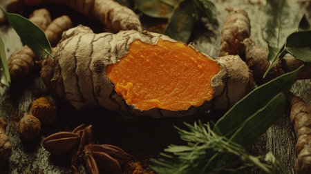 A fresh turmeric root cut in half reveals its vibrant orange flesh. Surrounded by spices and green leaves, this image captures the essence of healthy cooking.の素材
