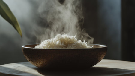 A steaming bowl of white rice captures the essence of comfort food, resting in a rustic wooden bowl. The smoke rising adds a warm and inviting atmosphere, perfect for culinary photography.の素材