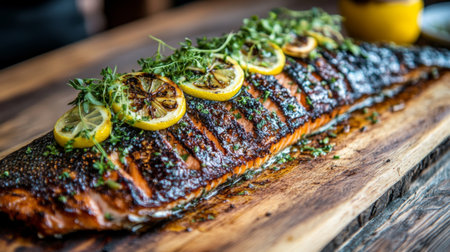 A beautifully grilled salmon fillet garnished with fresh herbs and lemon slices, served on a rustic wooden platter. Perfect for gourmet dining experiences.の素材