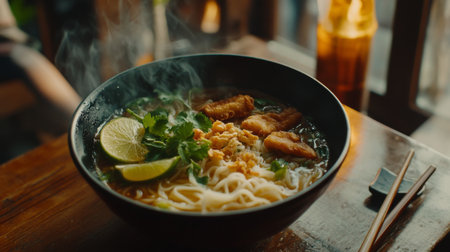 A steaming bowl of noodle soup showcasing fresh ingredients like cilantro and lime. The rich broth entices the senses, perfect for a comforting meal.の素材