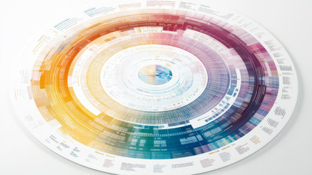 This vibrant circular data visualization presents an abstract layout of information with colorful patterns, perfect for projects emphasizing creativity and analysis.の素材