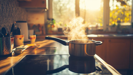 A serene kitchen scene featuring a pot releasing steam, illuminated by golden sunlight. The warm atmosphere evokes feelings of comfort and home cooking.の素材