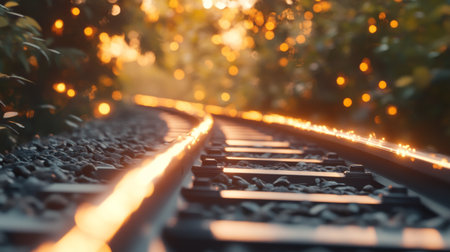 A picturesque scene of railway tracks bathed in a warm sunset glow, surrounded by lush nature, creating a tranquil atmosphere perfect for reflection and escape.の素材
