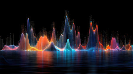 Abstract financial line chart with glowing points marking data peaks and drops, set against a dark background for a high-tech lookの素材