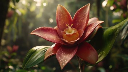 A breathtaking close-up of a flower with crystal-clear water droplets clinging to its surface, set against a softly blurred background of greeneryの素材
