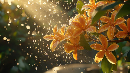 A picturesque view of a bunch of flowers with glistening water droplets, creating a stunning contrast against the vivid colors and soft natural lightの素材