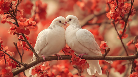 A romantic scene featuring two doves nestled together on a blossoming tree branch, surrounded by vibrant flowers, representing peace and affectionの素材