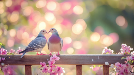 A pair of elegant doves perched on a wooden fence against a soft, blurred background of blooming flowers, symbolizing love and companionship in natureの素材