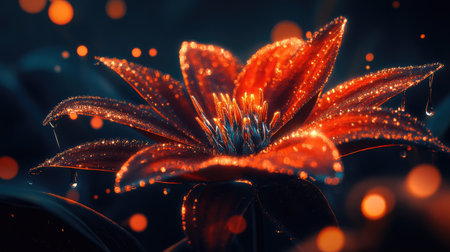 A stunning photo of a vibrant flower surrounded by glistening droplets, each droplet reflecting tiny bits of the surrounding nature, creating a magical sceneの素材