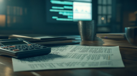 A well-lit office workspace featuring a calculator, scattered papers, and a computer screen displaying data analysis. Perfect for business and finance concepts.の素材
