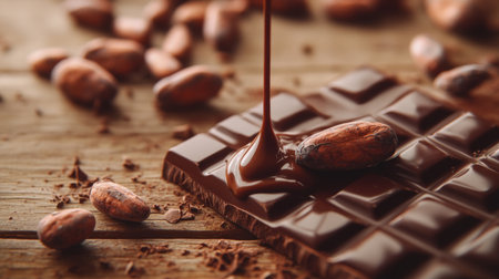 A captivating image of a rich dark chocolate bar surrounded by cocoa beans, showcasing its luxurious texture and inviting melt. Perfect for food enthusiasts.の素材