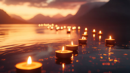 A row of tealight candles on a smooth surface, each flame reflecting softly below, creating a warm and tranquil atmosphereの素材