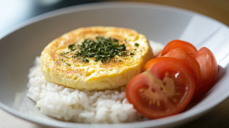 A simple yet elegant serving of white rice with a smooth, fluffy omelet on top, accompanied by sliced tomatoes and herbs for color contrastの素材
