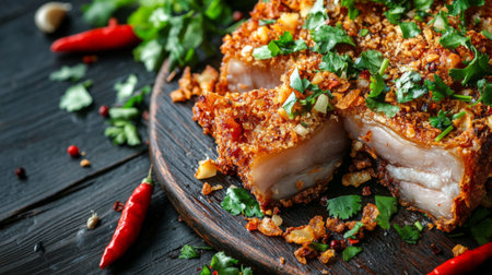 A tantalizing close-up of crispy fried pork belly garnished with fresh herbs and spices. Perfectly cooked and presented, this dish is a feast for the senses.の素材