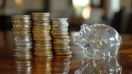 A clear piggy bank stands beside neat stacks of coins, illustrating the concept of saving and personal finance. This image captures essential themes in money management.の素材