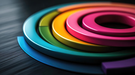 Concentric donut charts in metallic colors on a dark surface, each layer showing different banking and financial metricsの素材