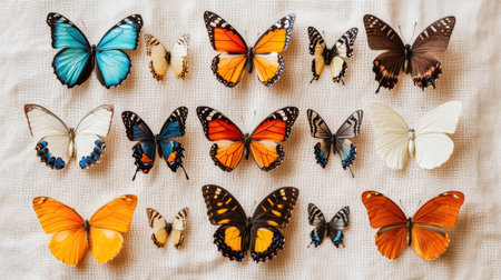 A whimsical arrangement of different butterfly specimens pinned against a soft fabric background, showcasing their vibrant colors and unique patterns for an artistic displayの素材
