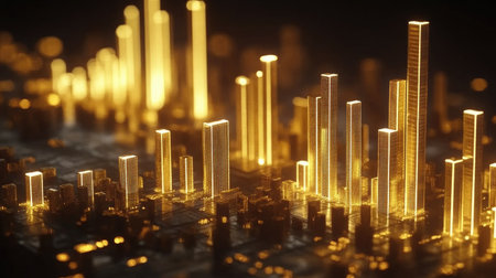 Golden bar graph on a dark background, each bar glowing and representing gold's value, creating a bold visual of financial strengthの素材