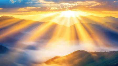 Golden light rays piercing through a thick, misty fog over a mountain valley, with the soft glow highlighting distant rolling hillsの素材